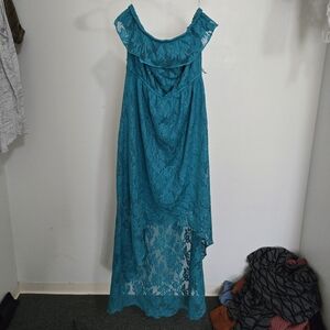 Trixxi Teal Lace Off Shoulder Strapless High Low Midi Dress